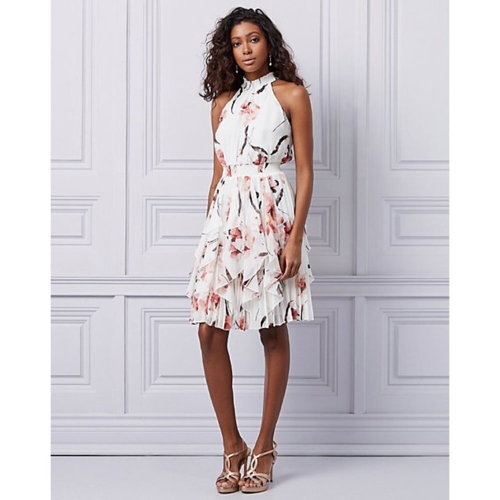 Le Chateau Floral Chiffon Halter Neck Ruffle White